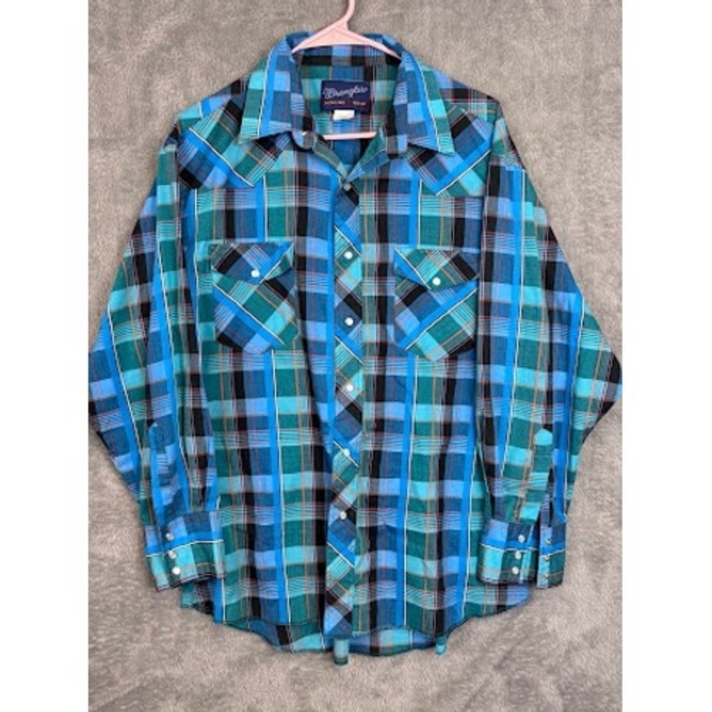 Wrangler Western Shirt Blue‎ Teal Plaid Pearl Snap Long Sleeve X-Long Tails 16.5